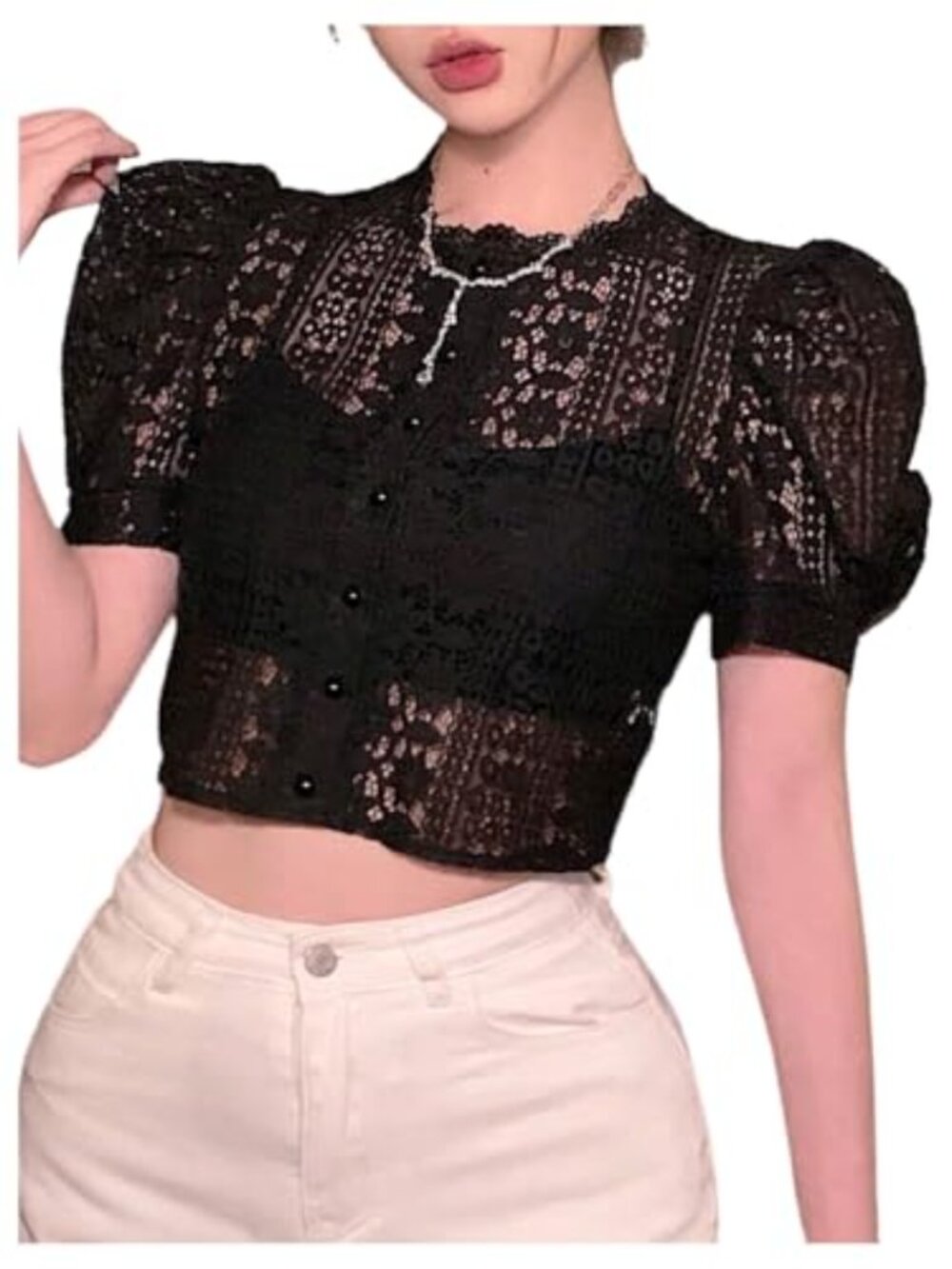 Lace Button Down Sheer Mesh Blouse Short Puff Sleeve Crop Top